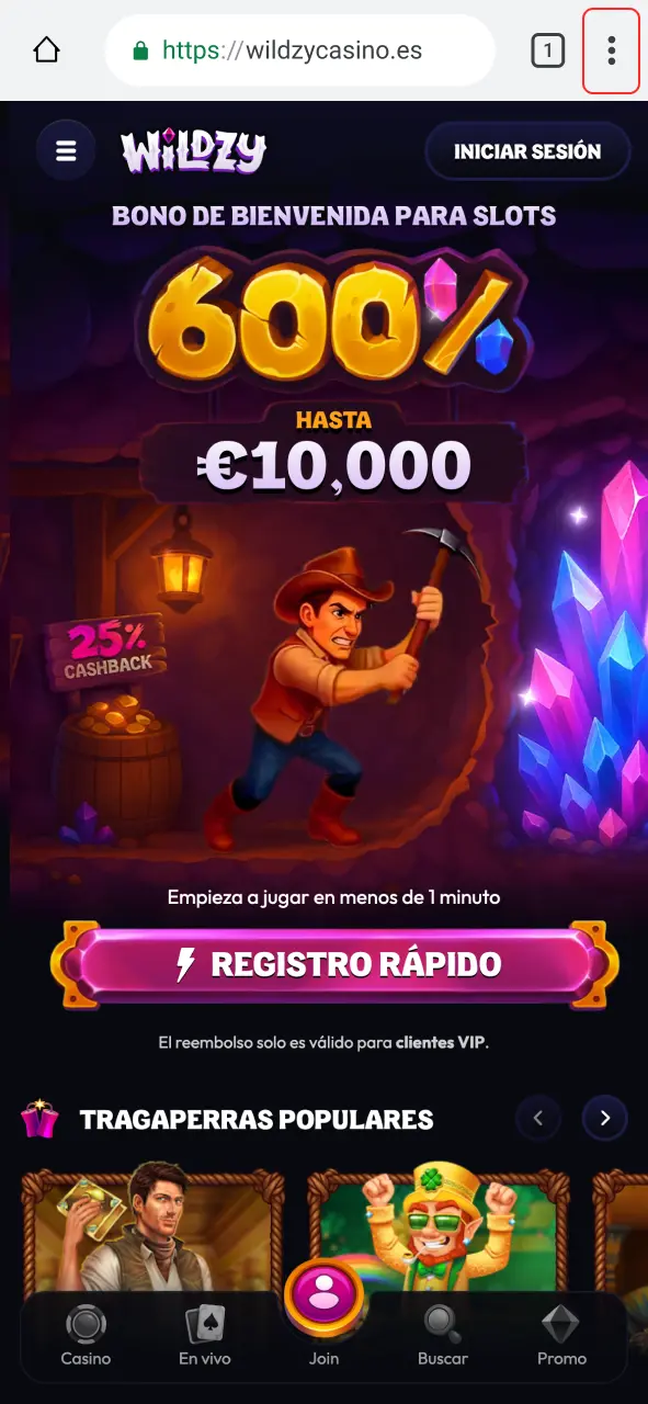 Toca los tres puntos arriba, guarda el casino Wildzy y juega ahora.